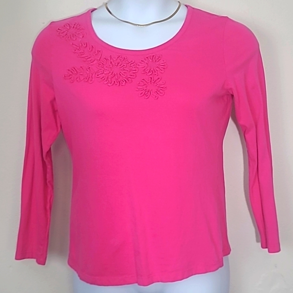 Long sleeve t shirt flower embellishment bright pink 100% Cotton - Picture 2 of 7